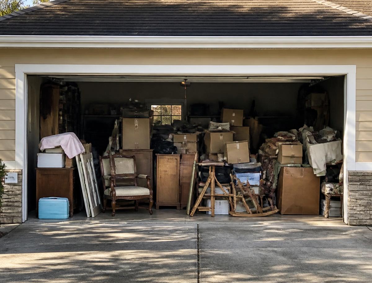 Craigieburn double garage full of boxes and old furniture before rubbish removal